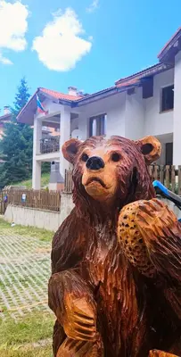 a statue of a teddy bear in front of a house at самостоятелна къща Планински перли, дом 1 на 5 мин от ски лифт Стойките, Пампорово in Stoykite