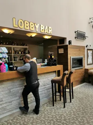 a man standing at a bar in a restaurant at Suite Roma 1 at Royal Spa in Velingrad