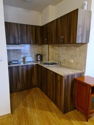 a kitchen with wooden cabinets and a sink at Pirin Palace in Bansko