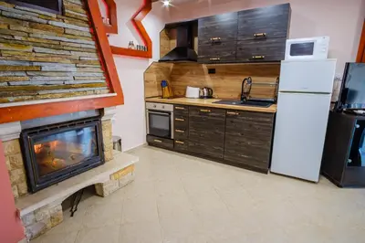 a kitchen with a fireplace and a refrigerator at Pamporovo Cottage Savov in Pamporovo