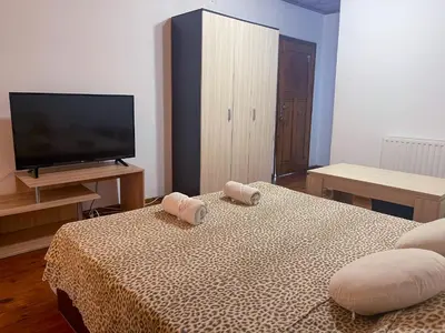 a bedroom with a bed and a flat screen tv at Alpin Guest House in Sapareva Banya
