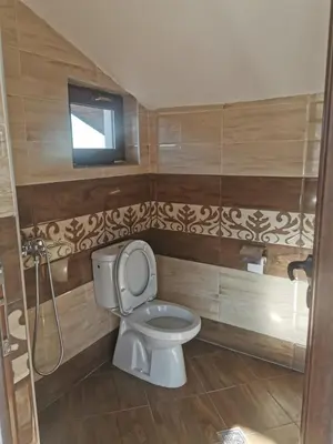 a bathroom with a toilet and a tv on the wall at Ергини in Dobrinishte