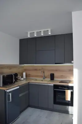 a kitchen with black cabinets and a sink at Orpheus and Eurydice in Smolyan
