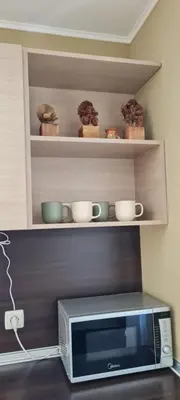 a microwave sitting on a shelf with bowls and cups at Apartment at Dream Bansko in Bansko