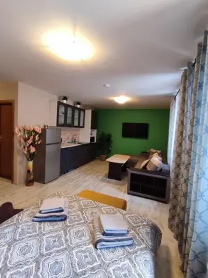 a kitchen and a living room with a large bed at Апартаменты Grand Ressort in Pamporovo