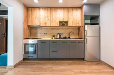 a kitchen with stainless steel appliances and wooden walls at Modern and Cozy 1BDR Apartment in the City Center in Sofia