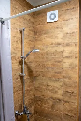 a shower in a bathroom with a wooden wall at Design Loft in the City Center in Sofia
