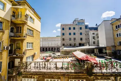 an aerial view of a city with buildings at Cozy 2-Bedroom Flat in the very Center of Sofia in Sofia