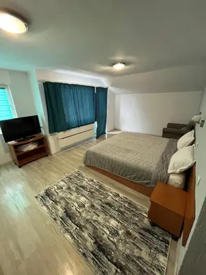 a bedroom with a bed and a television and a rug at Хотел ПАНОРАМА ДОСПАТ in Dospat