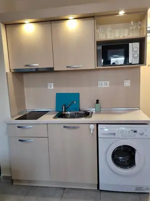 a small kitchen with a sink and a washing machine at Romantic Studio in Sofia