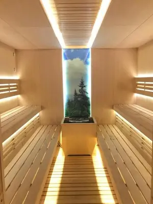 a sauna with a view of a tree in a window at Borovets Hills Boro Boro Studio 35m2 in Borovets