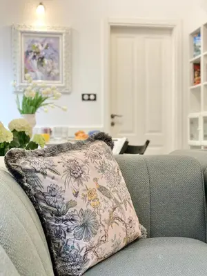 a pillow sitting on a couch in a living room at Vintage Top Centre Apartment in Sofia