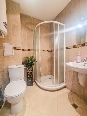 a bathroom with a shower and a toilet and a sink at Charming Flat in Bansko with Sauna by Flat Mаnager in Bansko