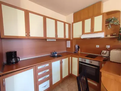 a kitchen with wooden cabinets and a counter top at Snow Lodge Mountain view in Bansko