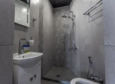 a bathroom with a shower and a sink and a shower at Никонел in Oborishte