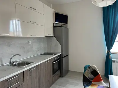 a kitchen with a sink and a refrigerator at Vitosha 60 in Sofia