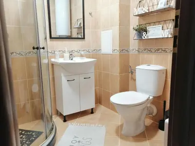 a bathroom with a toilet and a sink and a shower at Утро без Аларма, Смолянски езера. Alarm free Morning Smolyan lakes in Smolyan