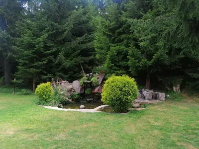 a garden with a pond in a field with trees at Утро без Аларма, Смолянски езера. Alarm free Morning Smolyan lakes in Smolyan
