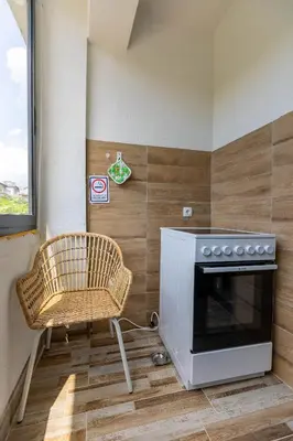 a living room with a chair and a fireplace at APARTEMENT VIVA in Sandanski