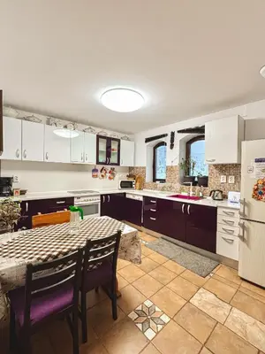 a kitchen with a table and a refrigerator at Villa Janet in Dolna Banya