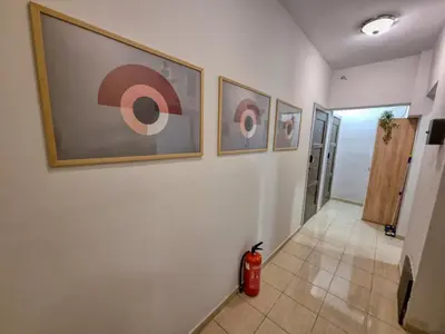 a hallway with paintings on the wall and a fire hydrant at Welcoming Studio in Sofia Center in Sofia