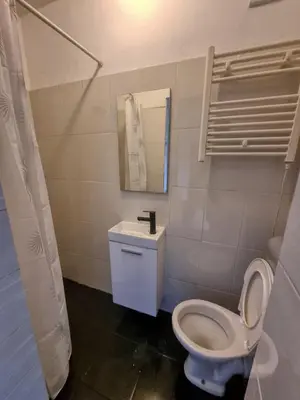 a bathroom with a toilet and a sink and a mirror at Comfortable Studio in Sofia City in Sofia