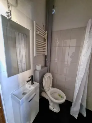 a small bathroom with a toilet and a sink at Relaxing Studio in Sofia Center in Sofia