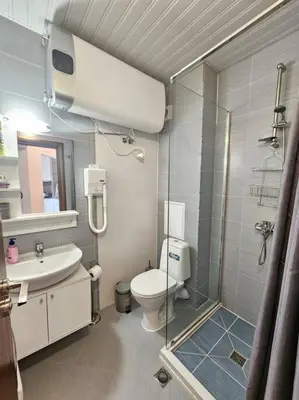 a bathroom with a shower and a toilet and a sink at Bansko Private VIP Apartment in Bansko