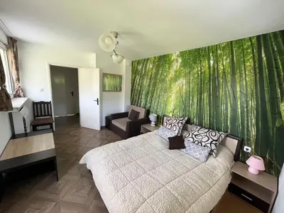a living room with a bed and a green wall at Къща за гости Замък Никола in Shtarkelovo Gnezdo