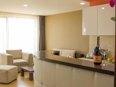a kitchen with a bar and a living room at Hotel Dream in Sofia