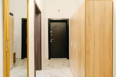 a hallway with a black door and a mirror at Apartment in the city center in Plovdiv